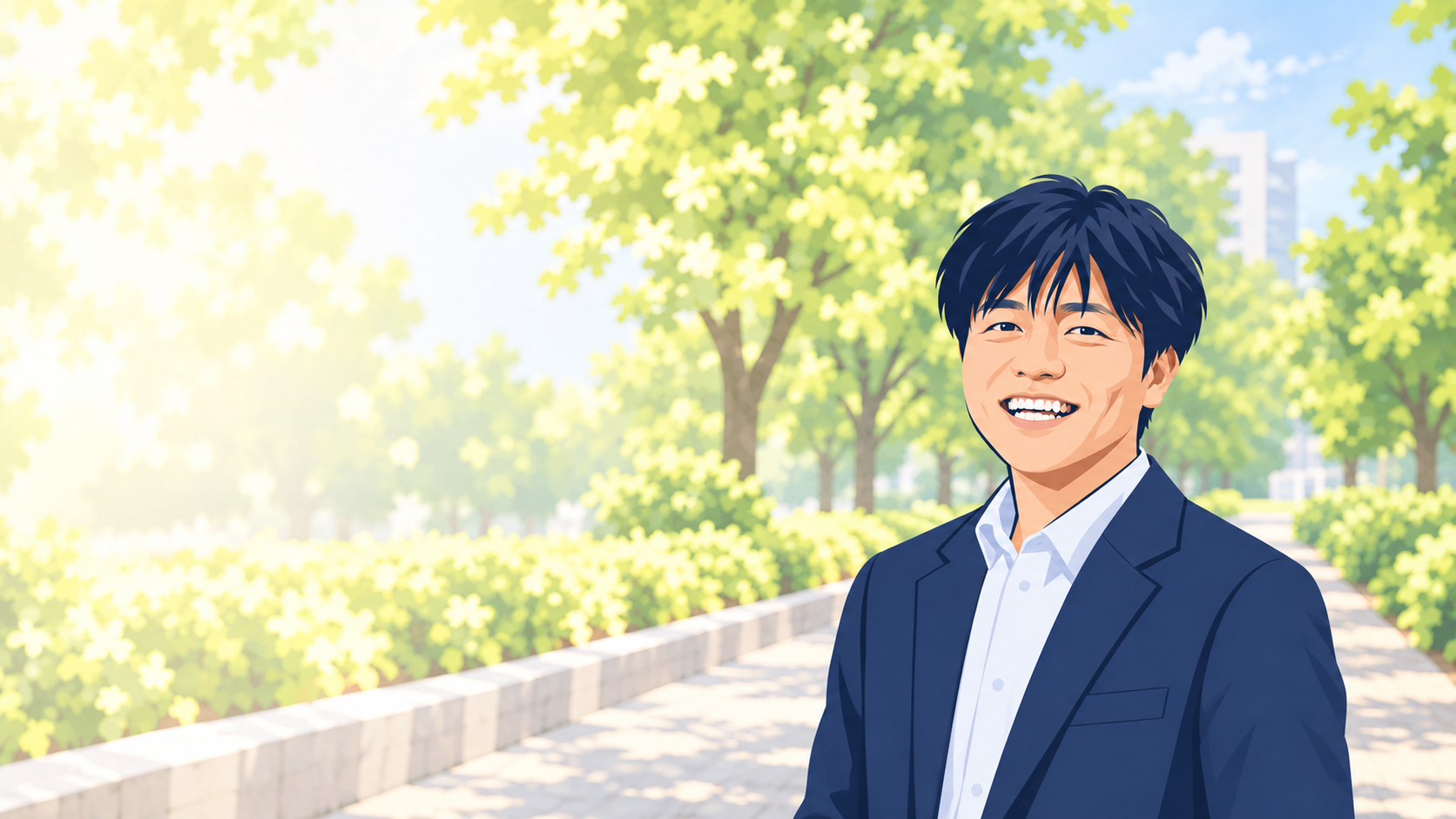 緑の並木道を背景にした吉岡のイラスト