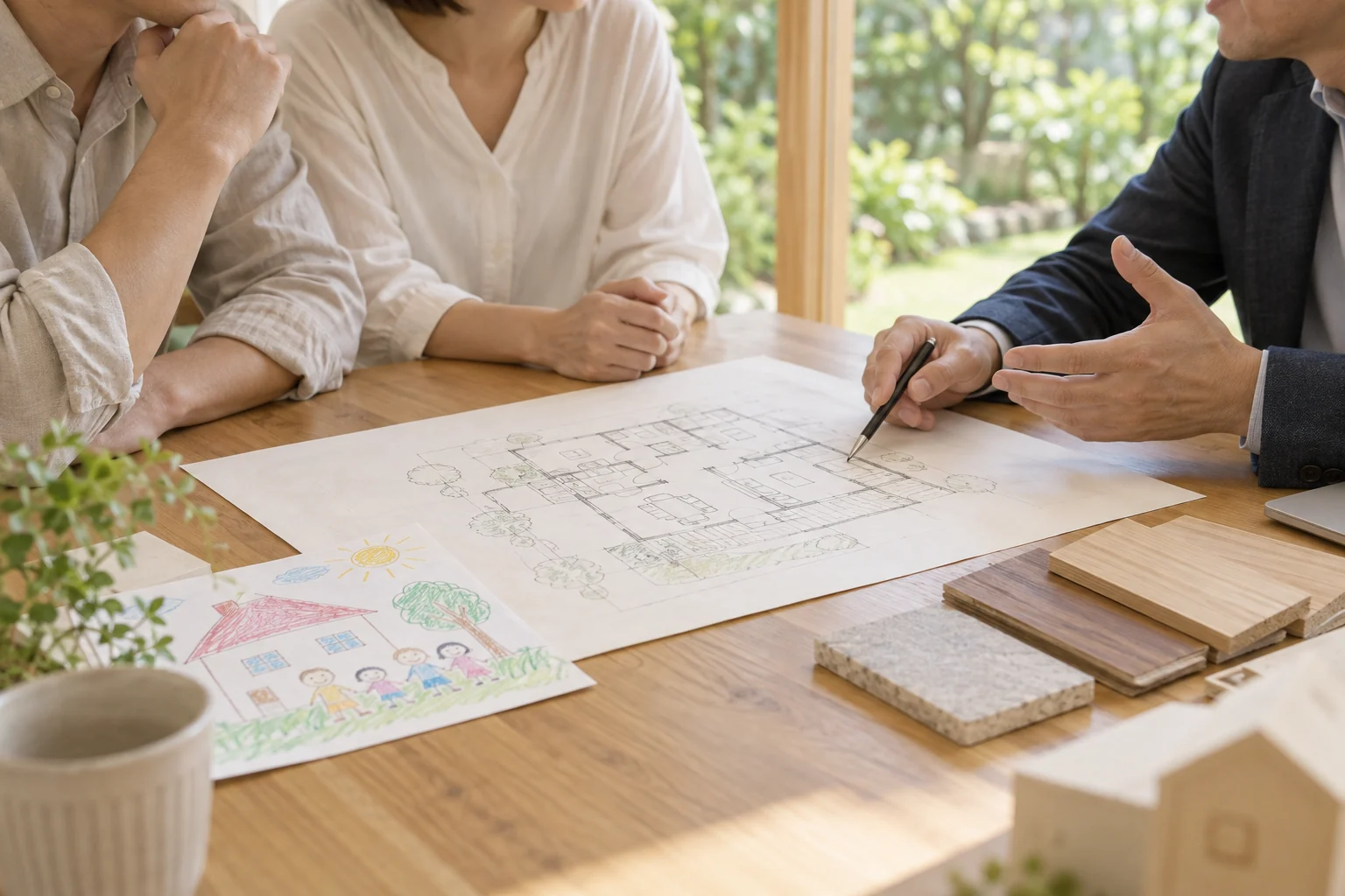 家族で間取り図を囲み、子どもの絵や素材を手に住まいを相談するイメージ