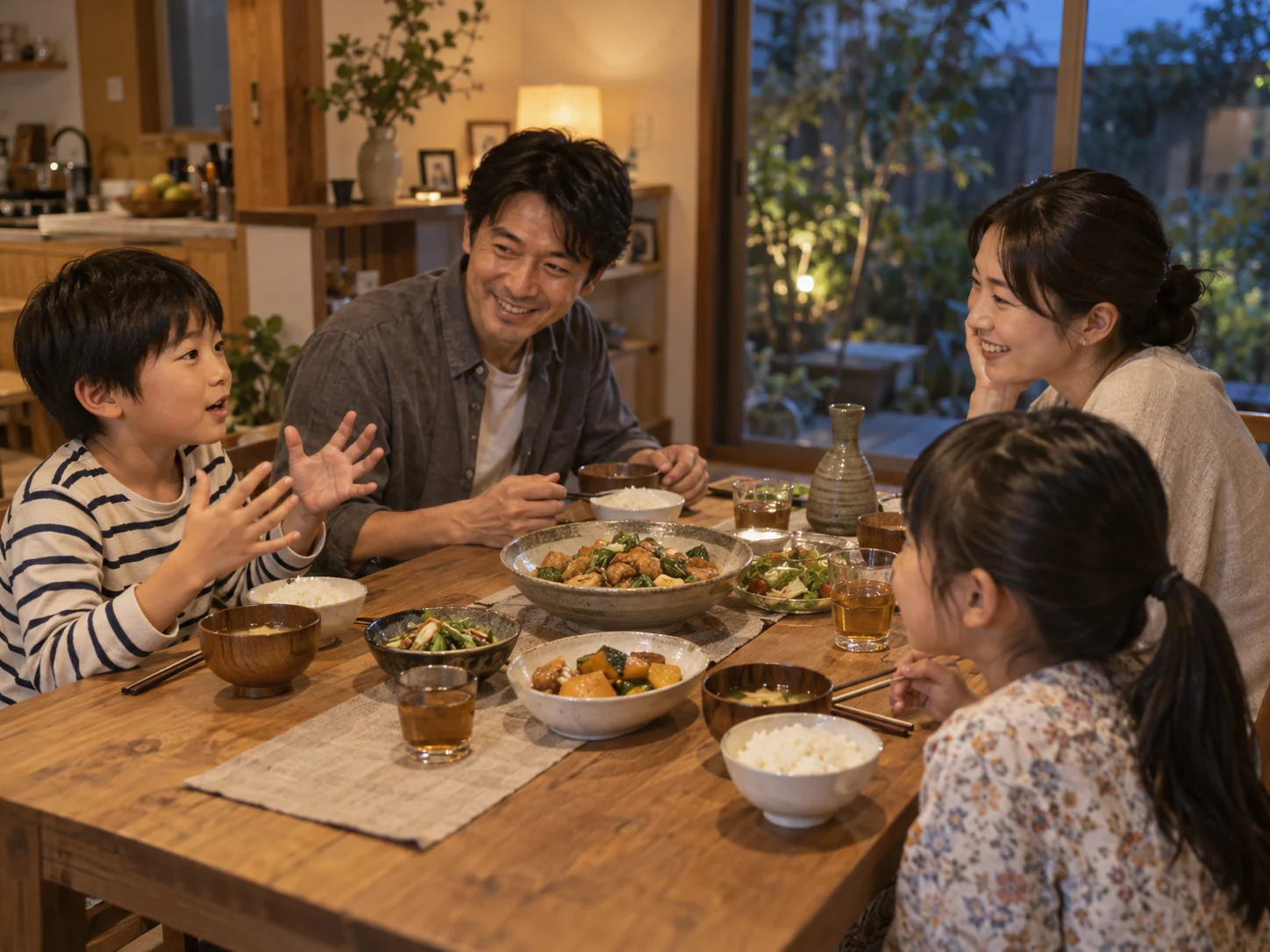 夕暮れの明るい食卓で、家族が会話をしながら夕食を囲むイメージ
