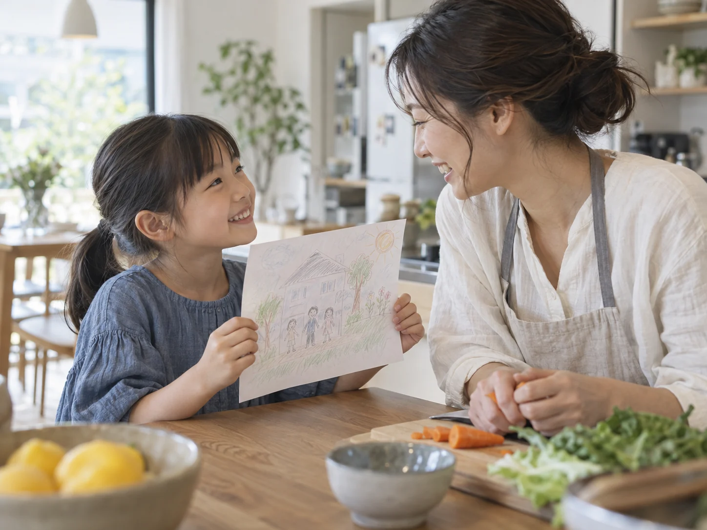 明るい台所のカウンターで、子どもが描いた絵を母親に見せる近い視点のイメージ