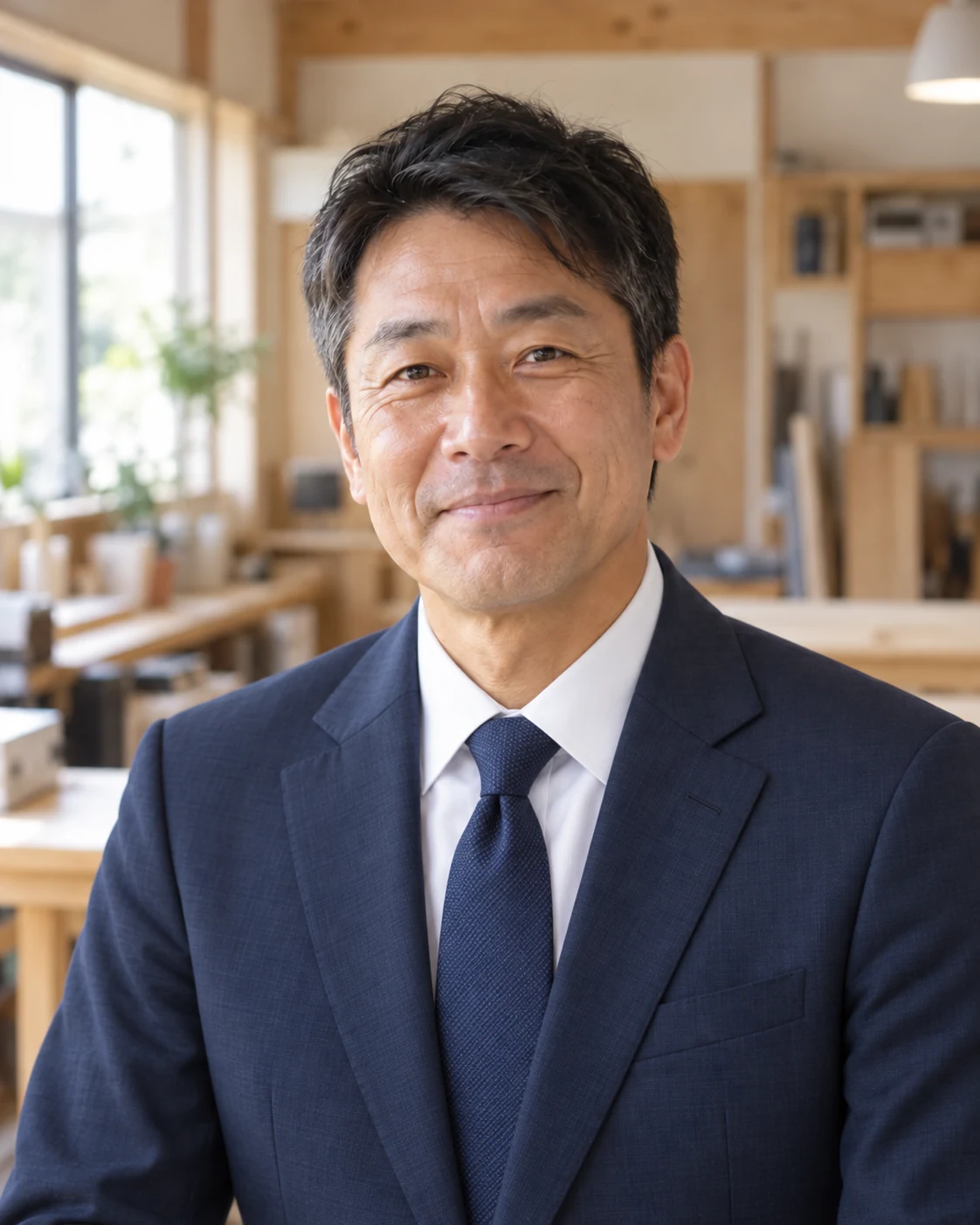紺のスーツを着た架空の代表・山本直人のAI生成ポートレート