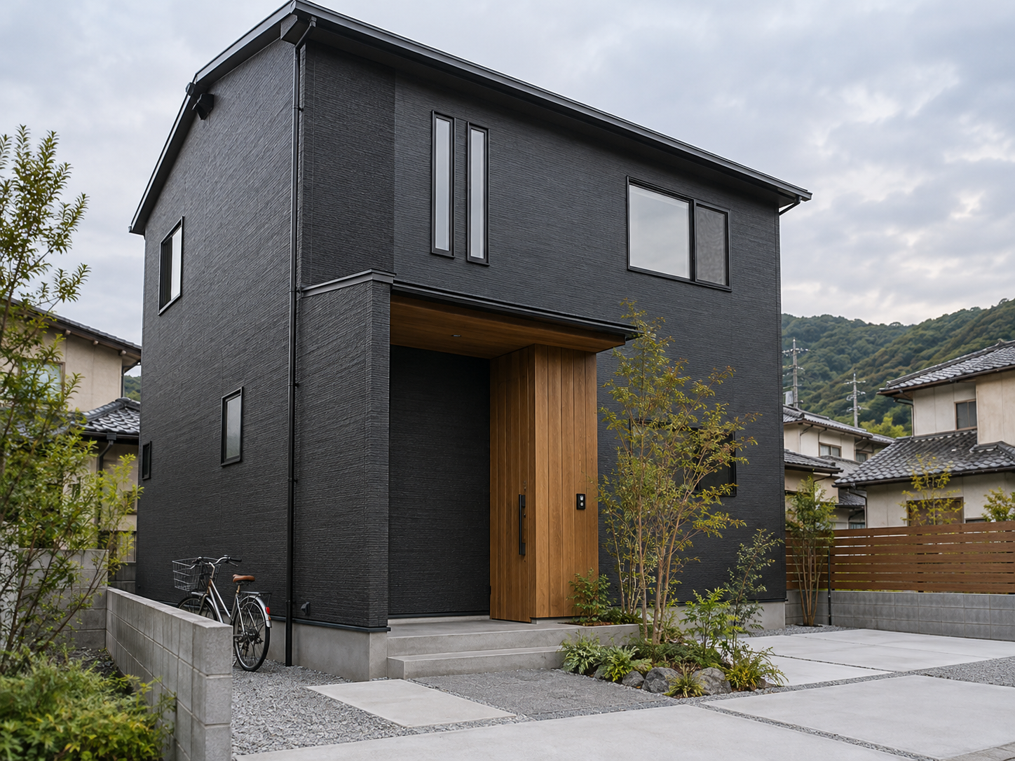 濃い外壁と木の玄関が印象的な二階建て住宅
